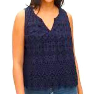 Gap Sleeveless Eyelet Blouse Large Blue 100% Cotton Classic Loose Fit NEW